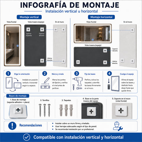 Espejo Led 120x50 Cm Rectangular Touch Envia Espejos
