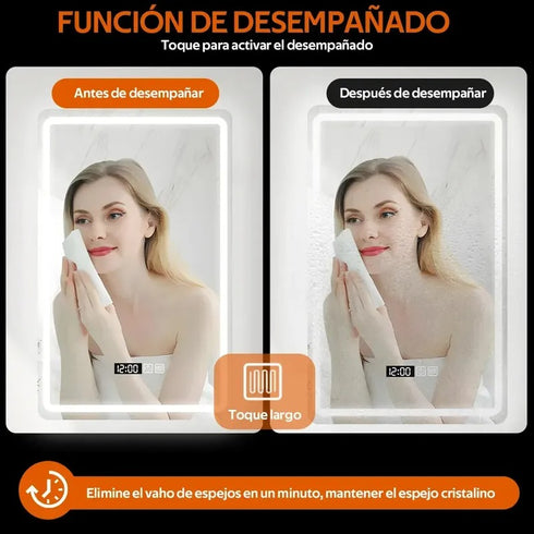 Espejo LED Touch 3 tonos Rectangular 70x50 Reloj Envia Espejos
