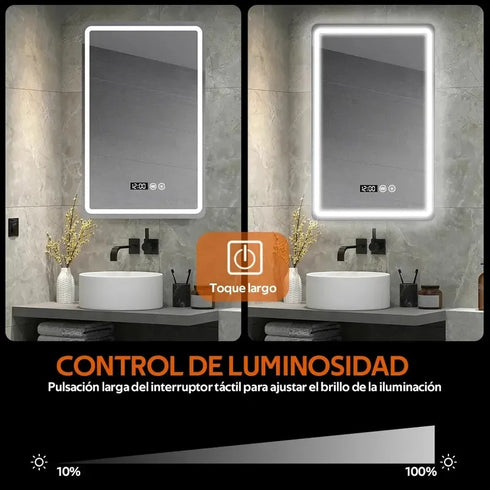 Espejo LED Touch 3 tonos Rectangular 70x50 Reloj Envia Espejos